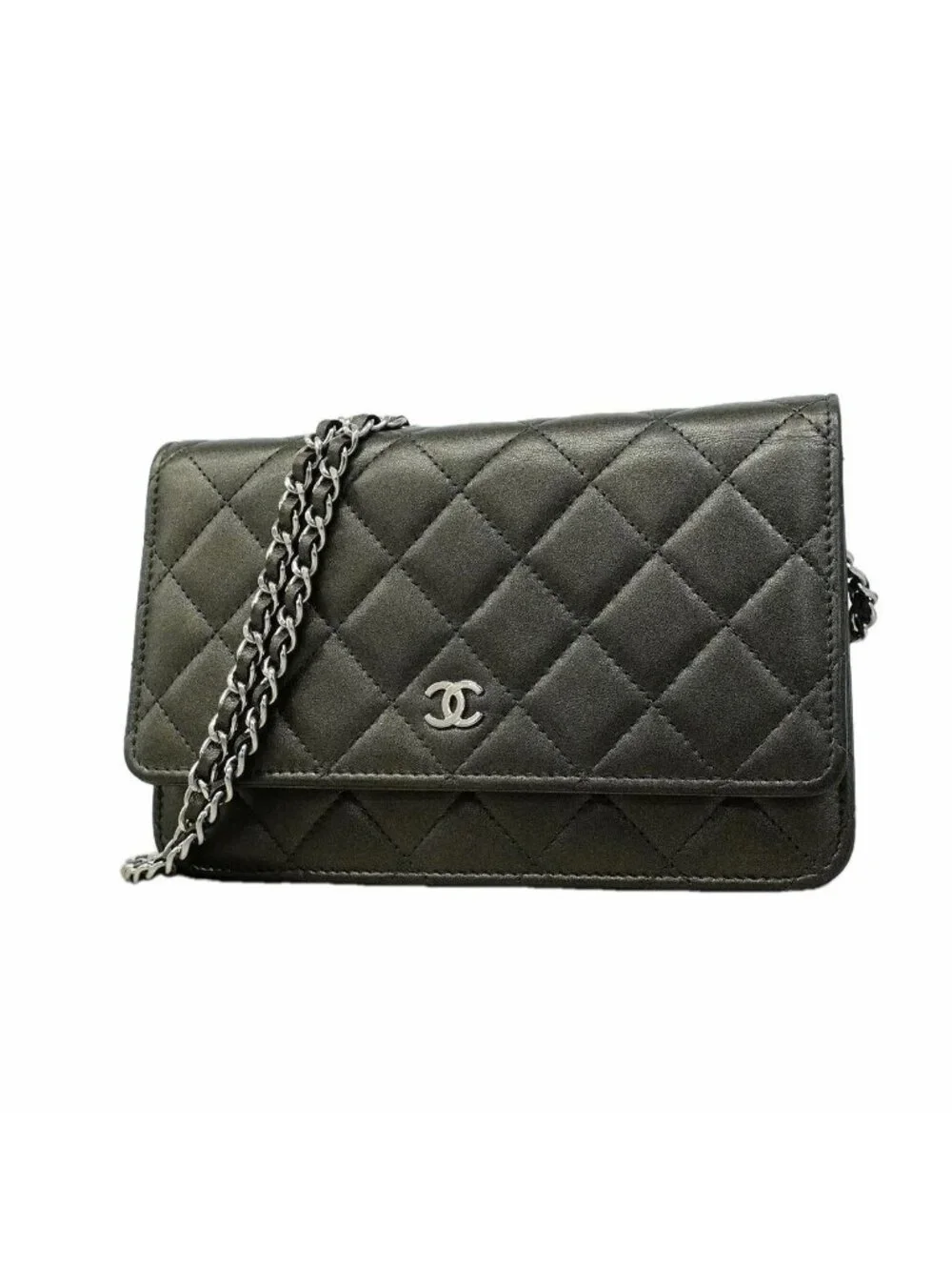 Chanel Wallet on Chain Quilted Lambskin Gray Silver Shoulder Bag